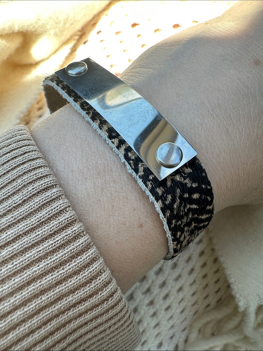 Plunder Leopard Print Faux Fur Bracelet  with Silver Hardware